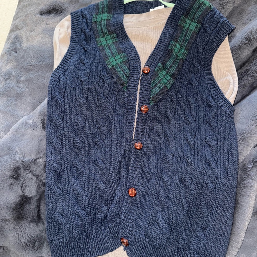 Jamie Scott Vintage Navy Cable Knit Vest with Green Plaid Accents